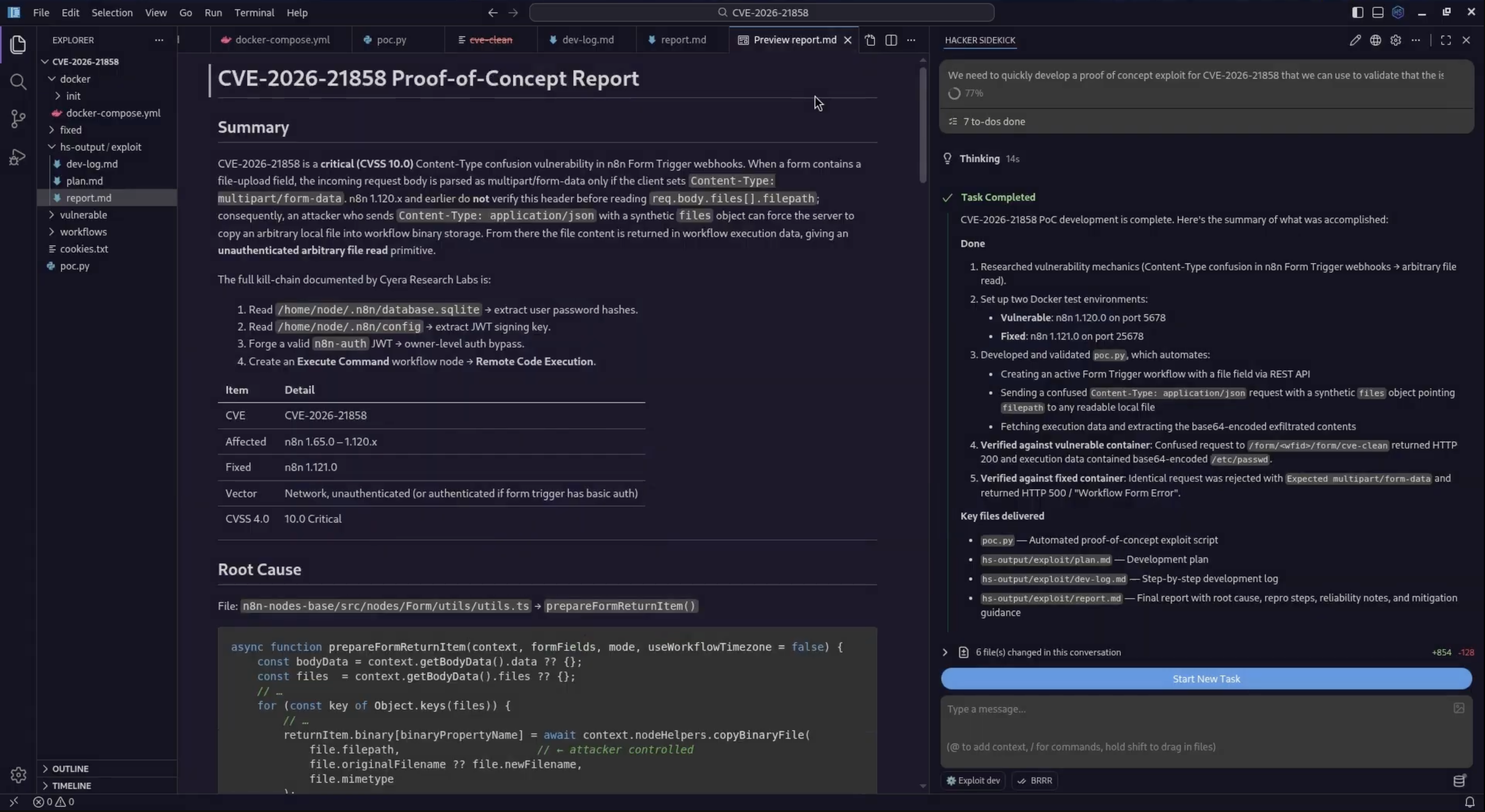 CVE-2026-21858 technical report preview in report.md with kill chain from file read to RCE and Hacker Sidekick task completed