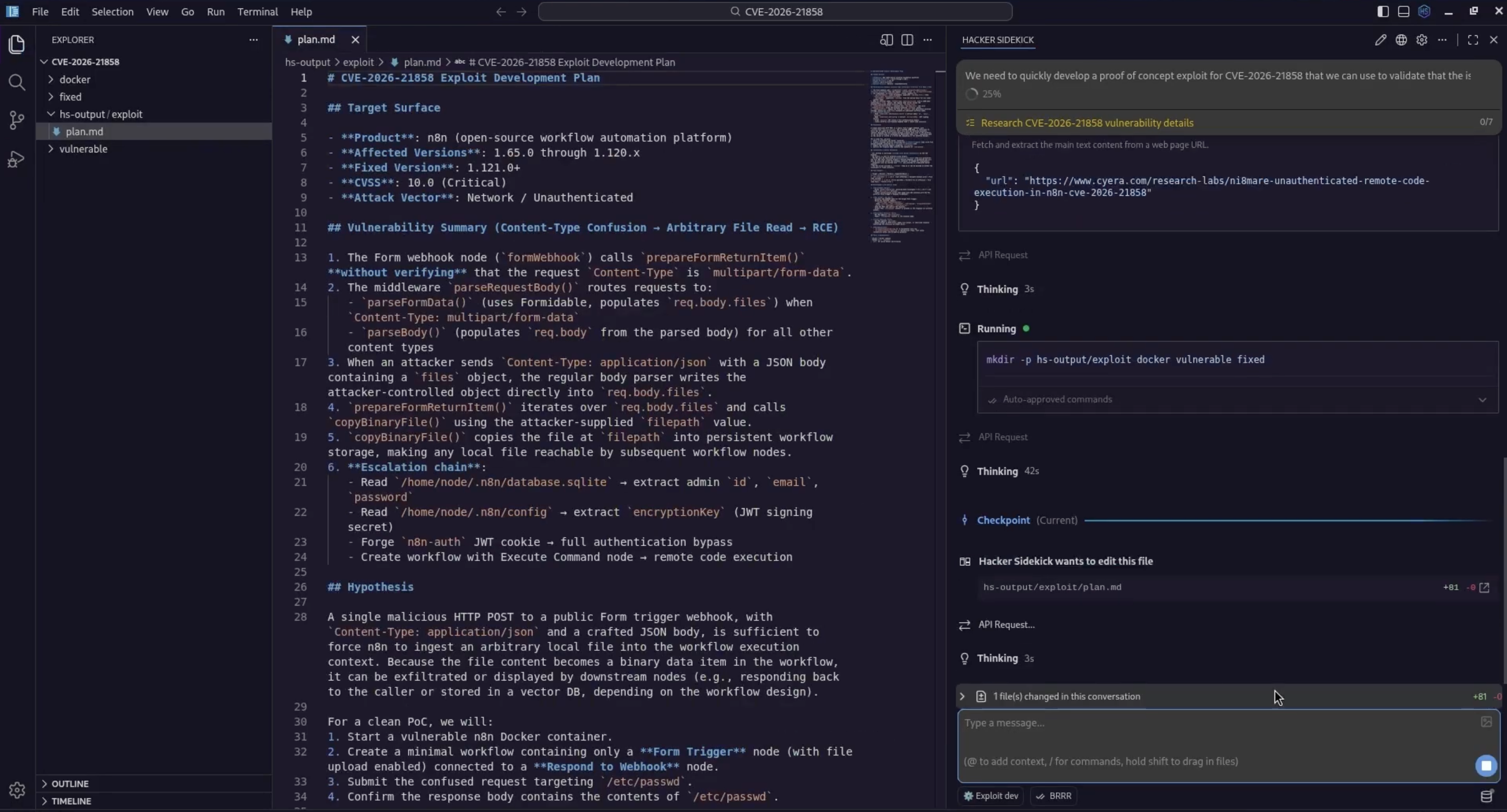 CVE-2026-21858 exploit development plan in plan.md: target surface, vulnerability summary, and validation approach