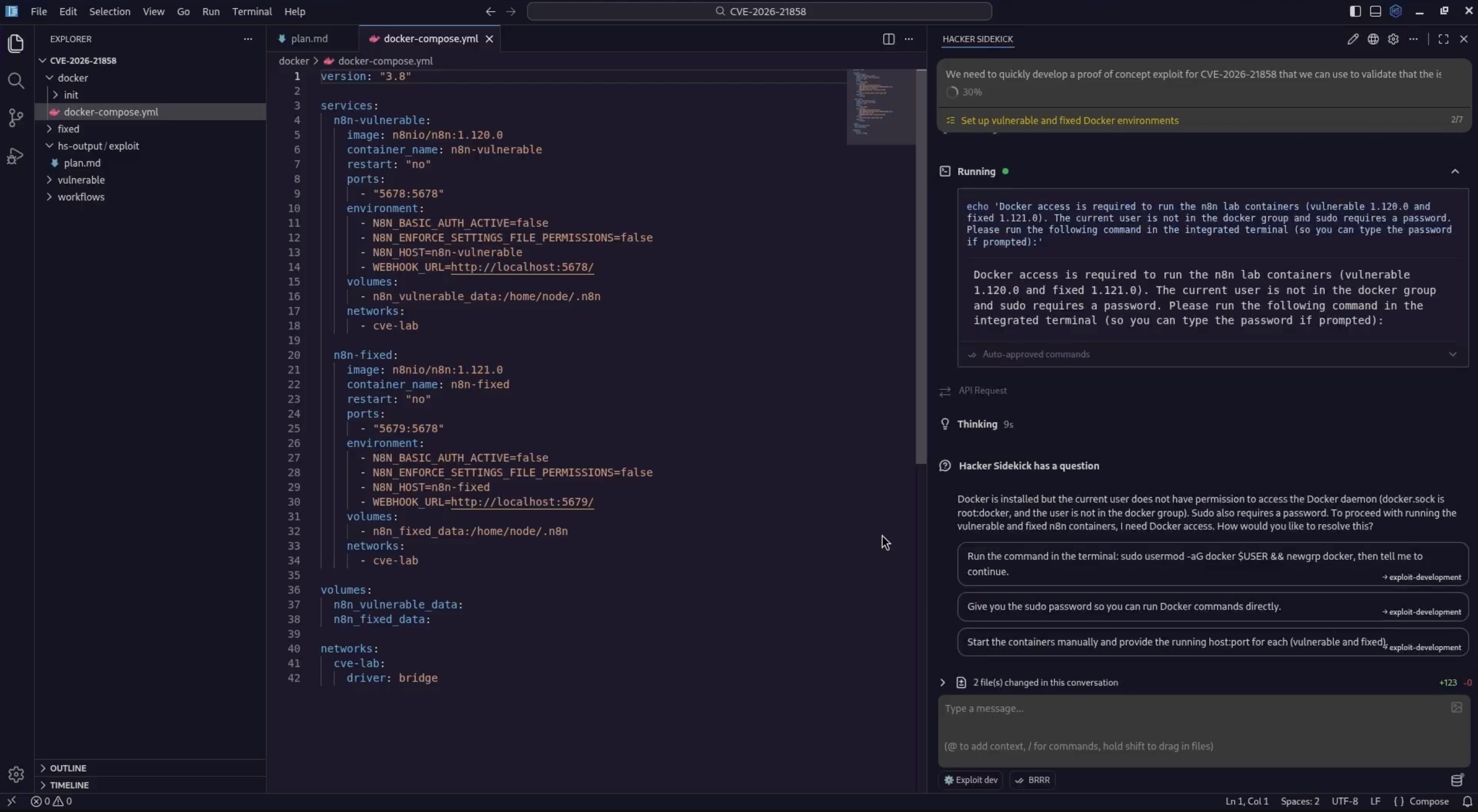 docker-compose.yml defining n8n vulnerable 1.120.0 and fixed 1.121.0 services; Hacker Sidekick panel showing Docker daemon permission troubleshooting