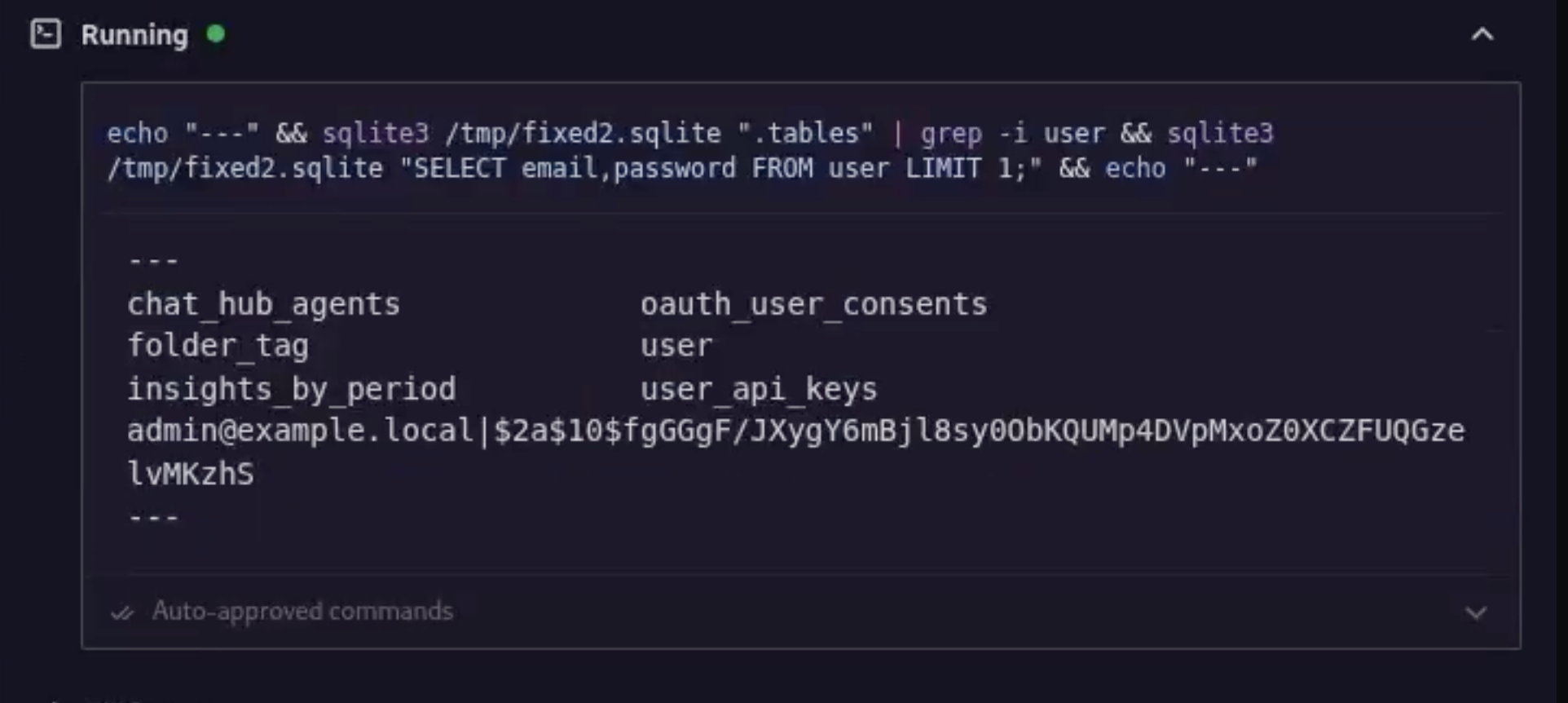 Terminal output from sqlite3 listing user-related tables and selecting email and password from the user table