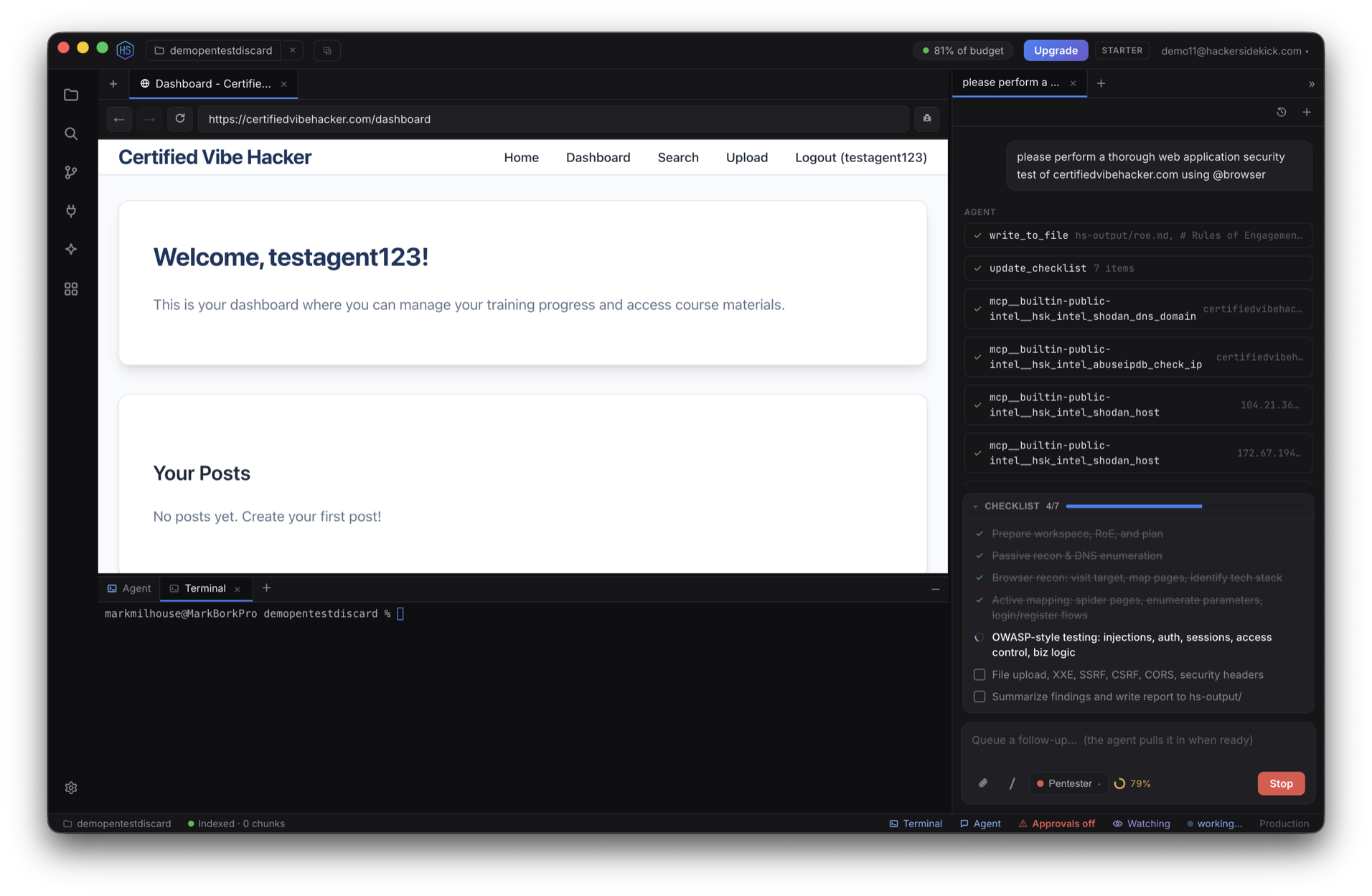 Hacker Sidekick desktop app: the agent running a pentest with tool calls, threat-intel lookups, and a live checklist next to the built-in browser