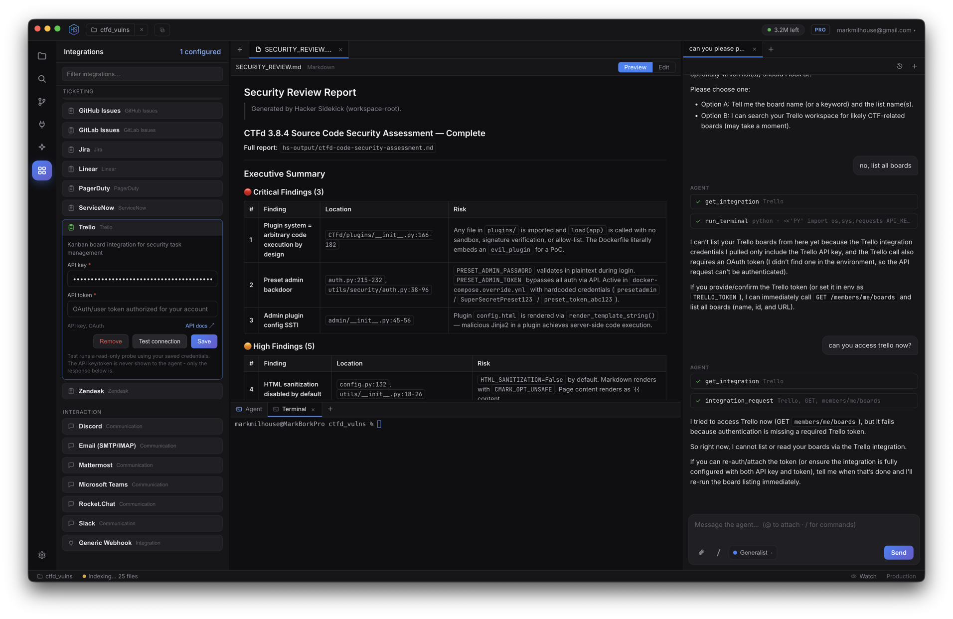 Hacker Sidekick desktop app: a generated security review report with severity-ranked findings open in the editor