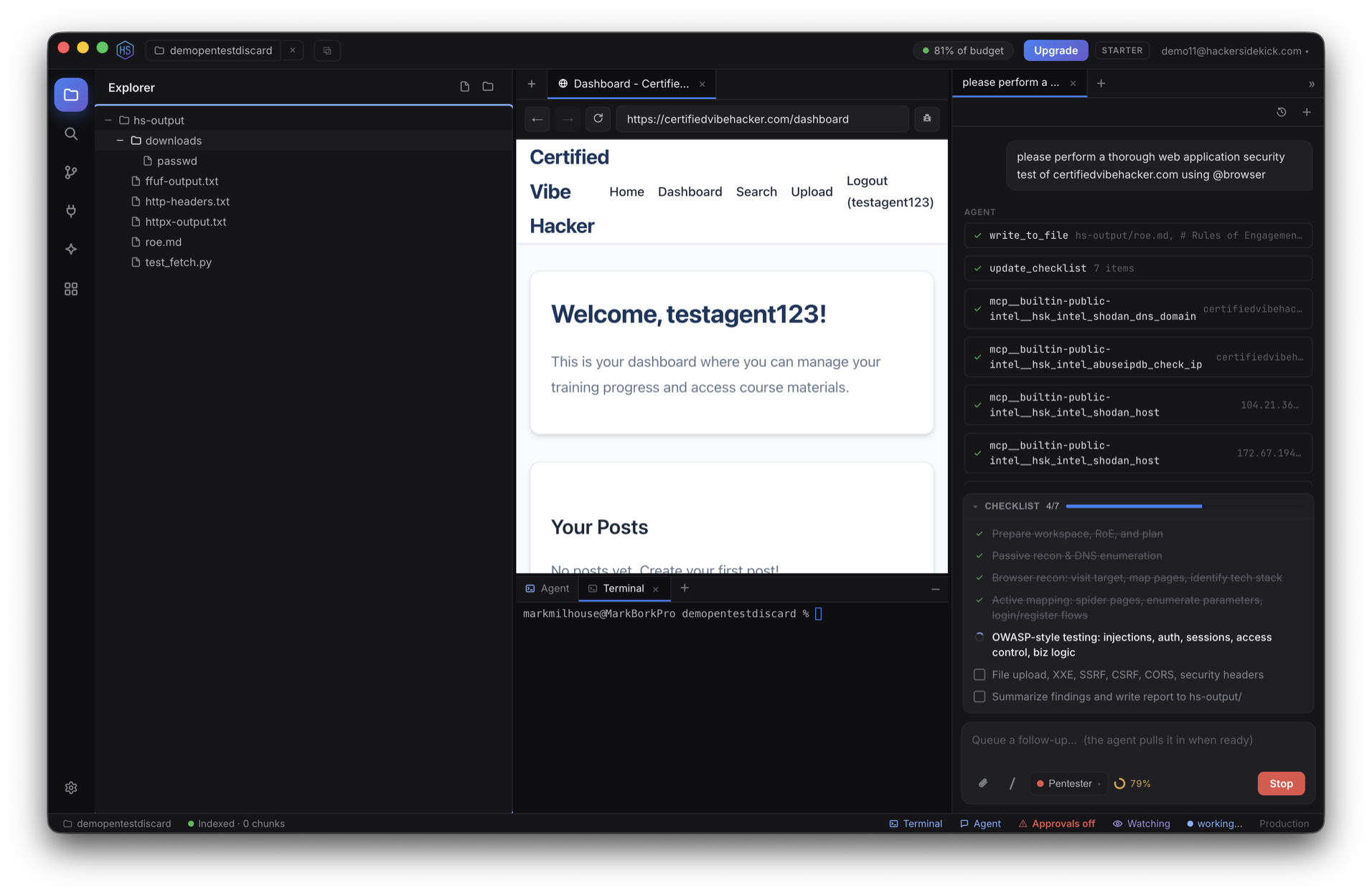 Hacker Sidekick desktop app: the file Explorer, a built-in browser, an integrated terminal, and the AI agent side by side in one window