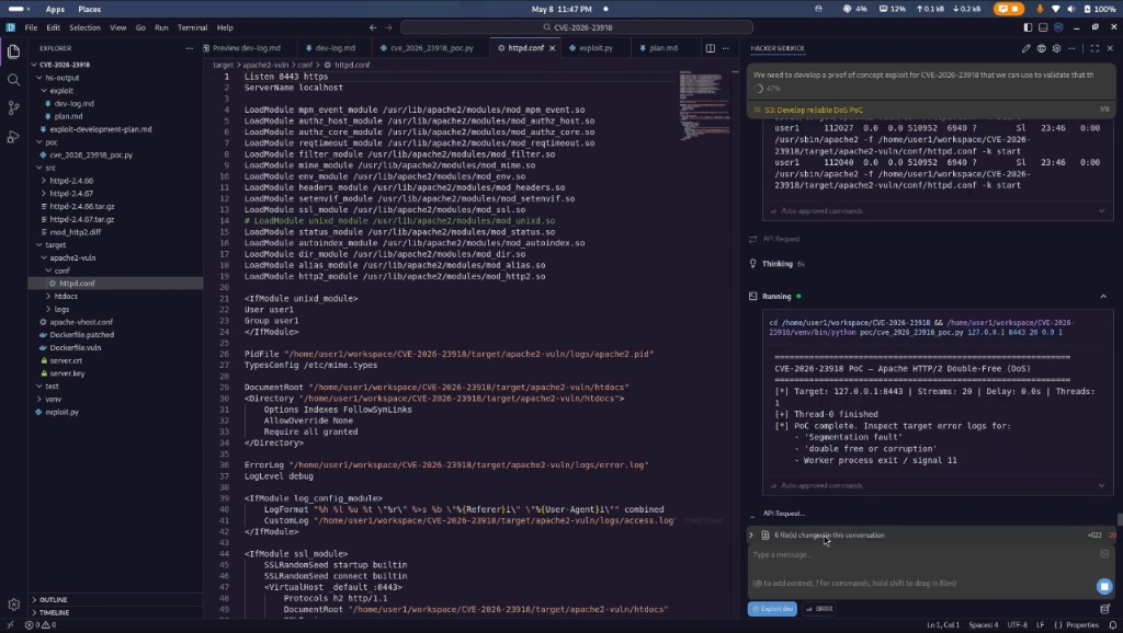 IDE showing CVE-2026-23918 project tree, httpd.conf with HTTP/2 on port 8443, and Hacker Sidekick running the Python PoC