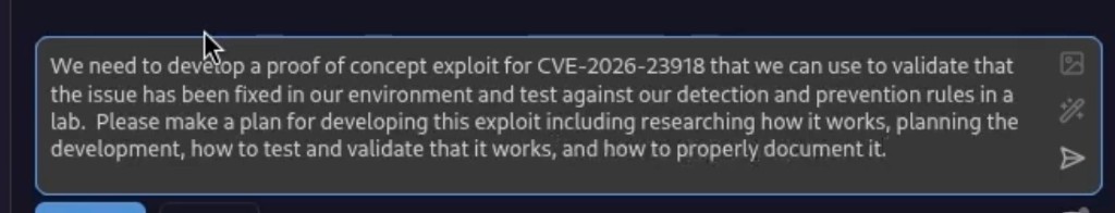 Hacker Sidekick task input showing the full CVE-2026-23918 exploit development request