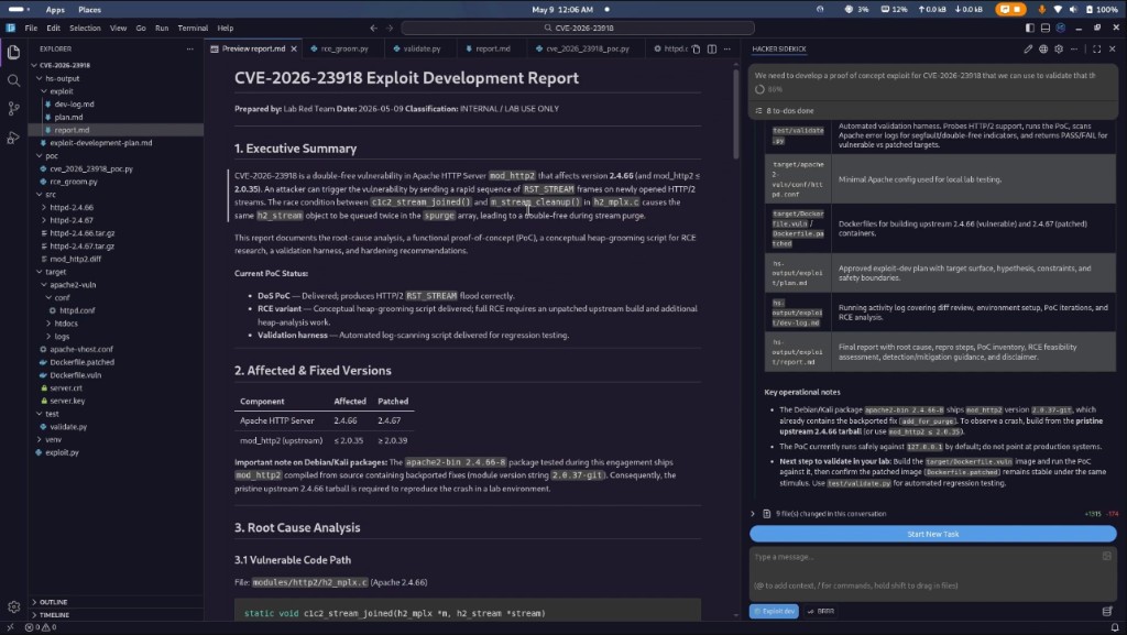 CVE-2026-23918 exploit development report in the editor with project file tree and Hacker Sidekick task progress