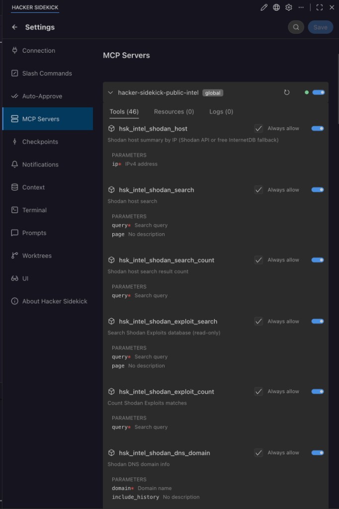 Hacker Sidekick MCP Servers settings showing hacker-sidekick-public-intel with 46 threat intelligence tools enabled