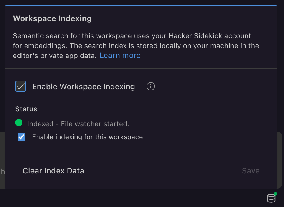 Hacker Sidekick Workspace Indexing settings: enable indexing, indexed status, and local index storage