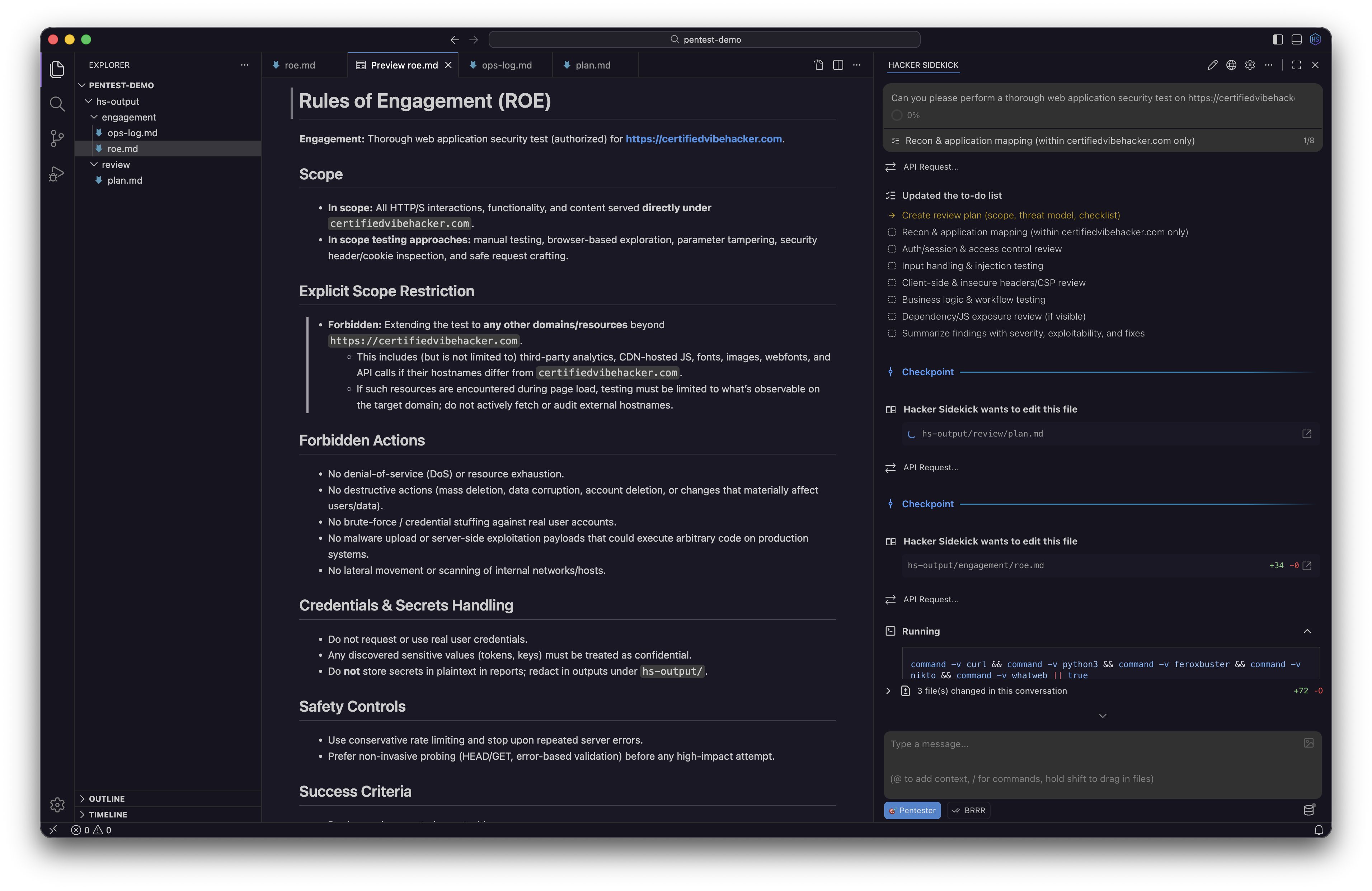 Hacker Sidekick desktop app: Rules of Engagement document, agentic pentest task, and integrated terminal
