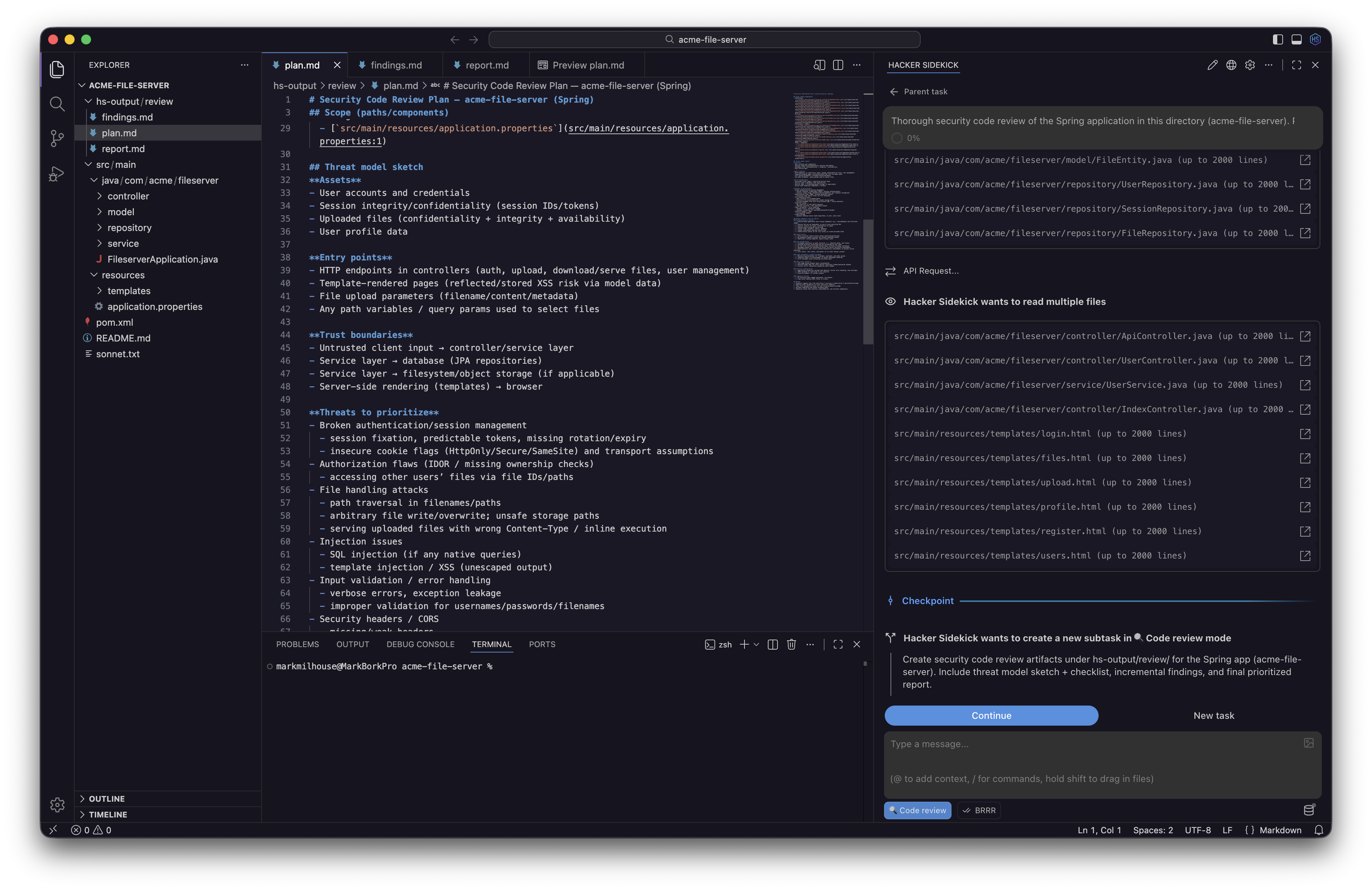 Hacker Sidekick desktop app in code review mode with security plan and file access