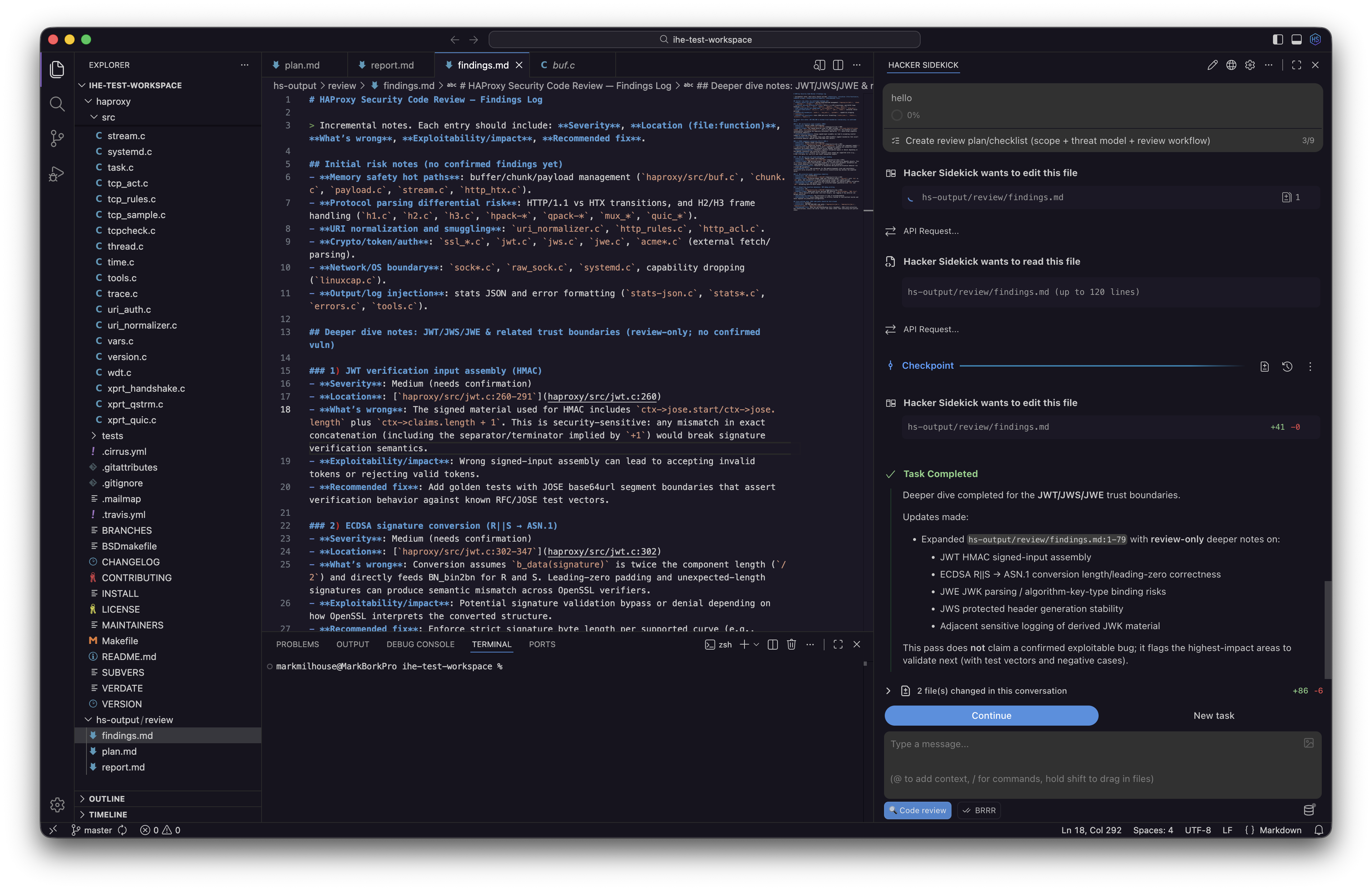 Hacker Sidekick desktop app: security findings log and completed review task