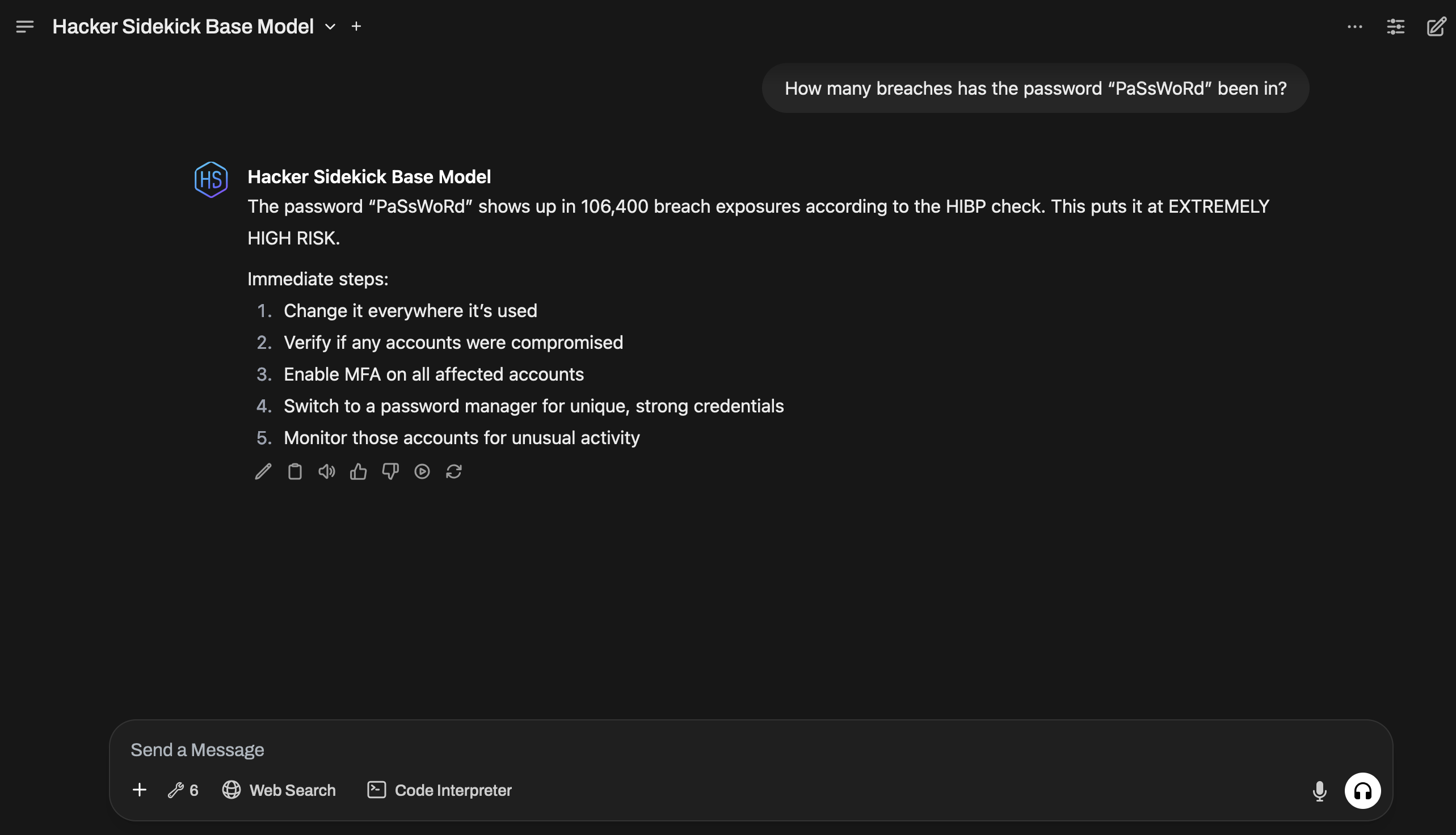 Hacker Sidekick chat interface showing security tool commands and AI responses