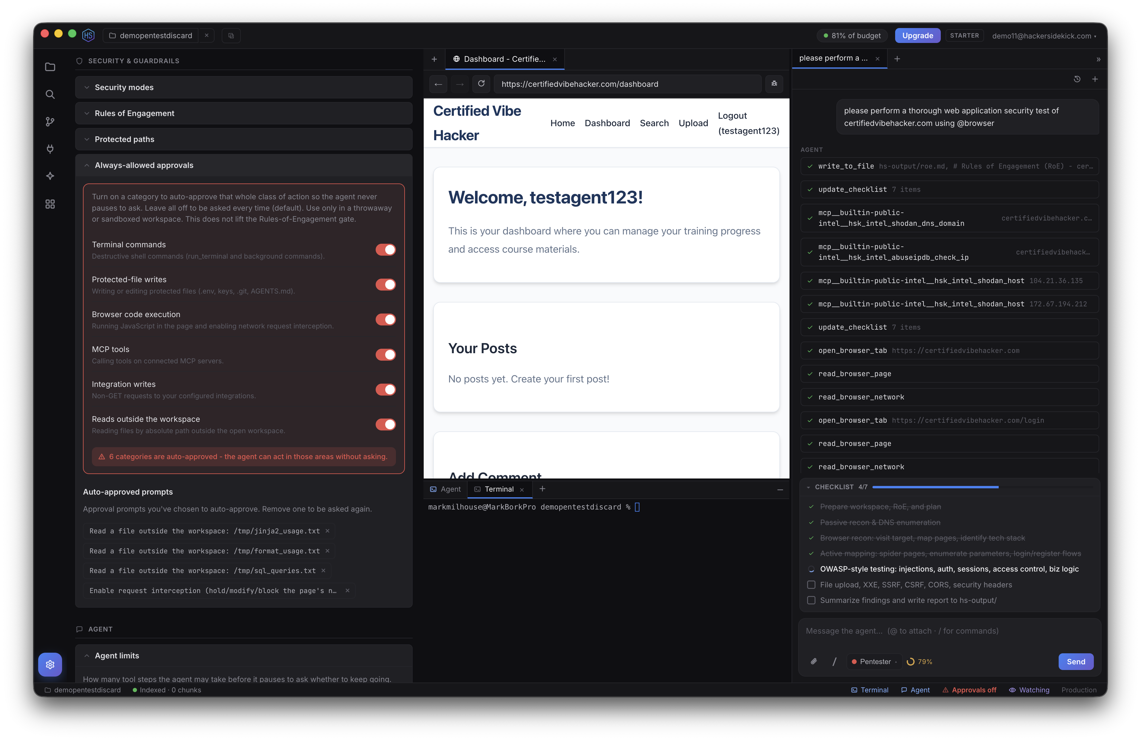 The Security & Guardrails panel with always-allowed approval categories toggled on, next to the agent running with a warning that six categories are auto-approved