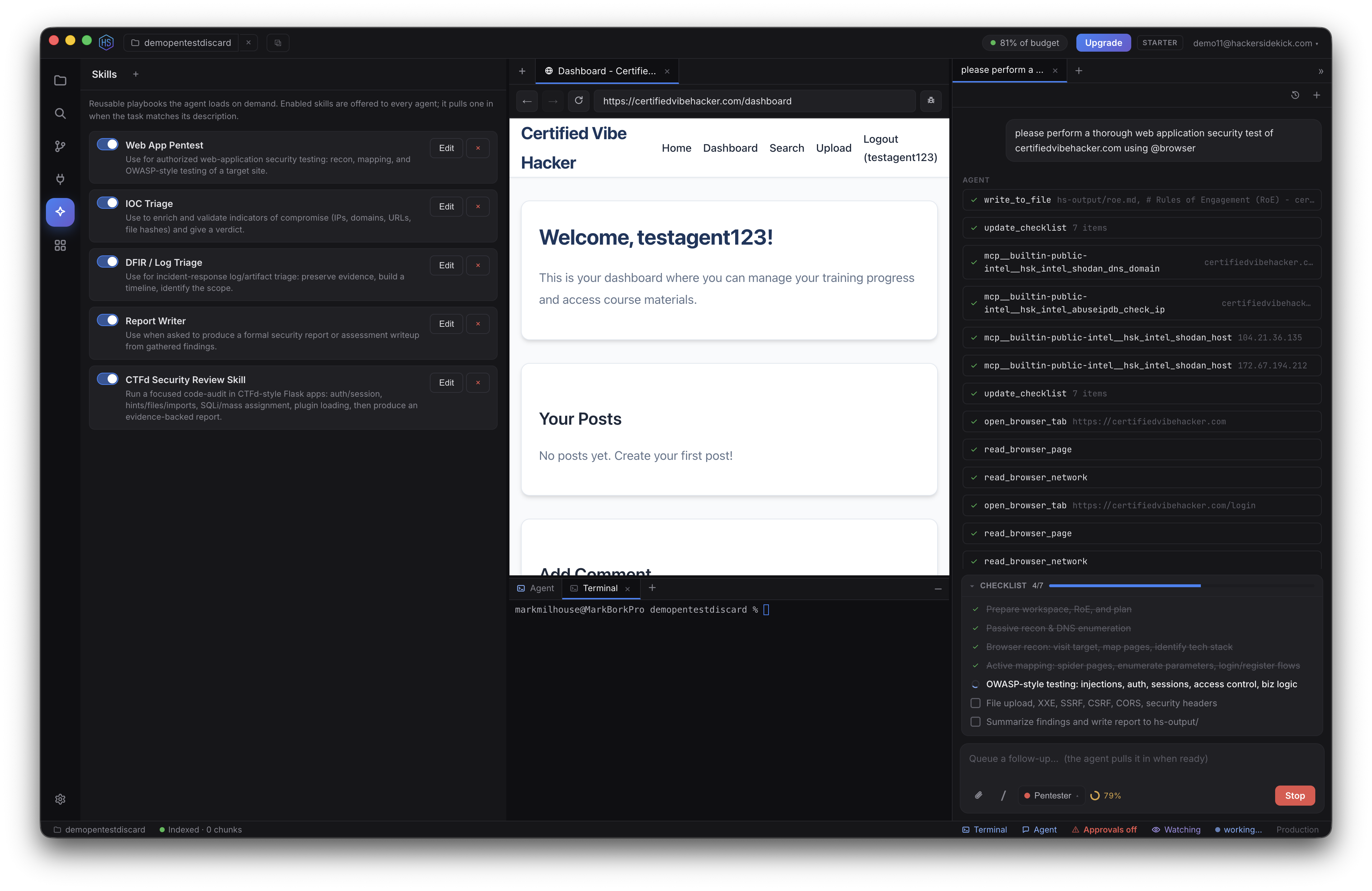 The Skills view listing starter playbooks-Web App Pentest, IOC Triage, DFIR / Log Triage, Report Writer, and a CTFd Security Review skill-each with a toggle and an Edit button