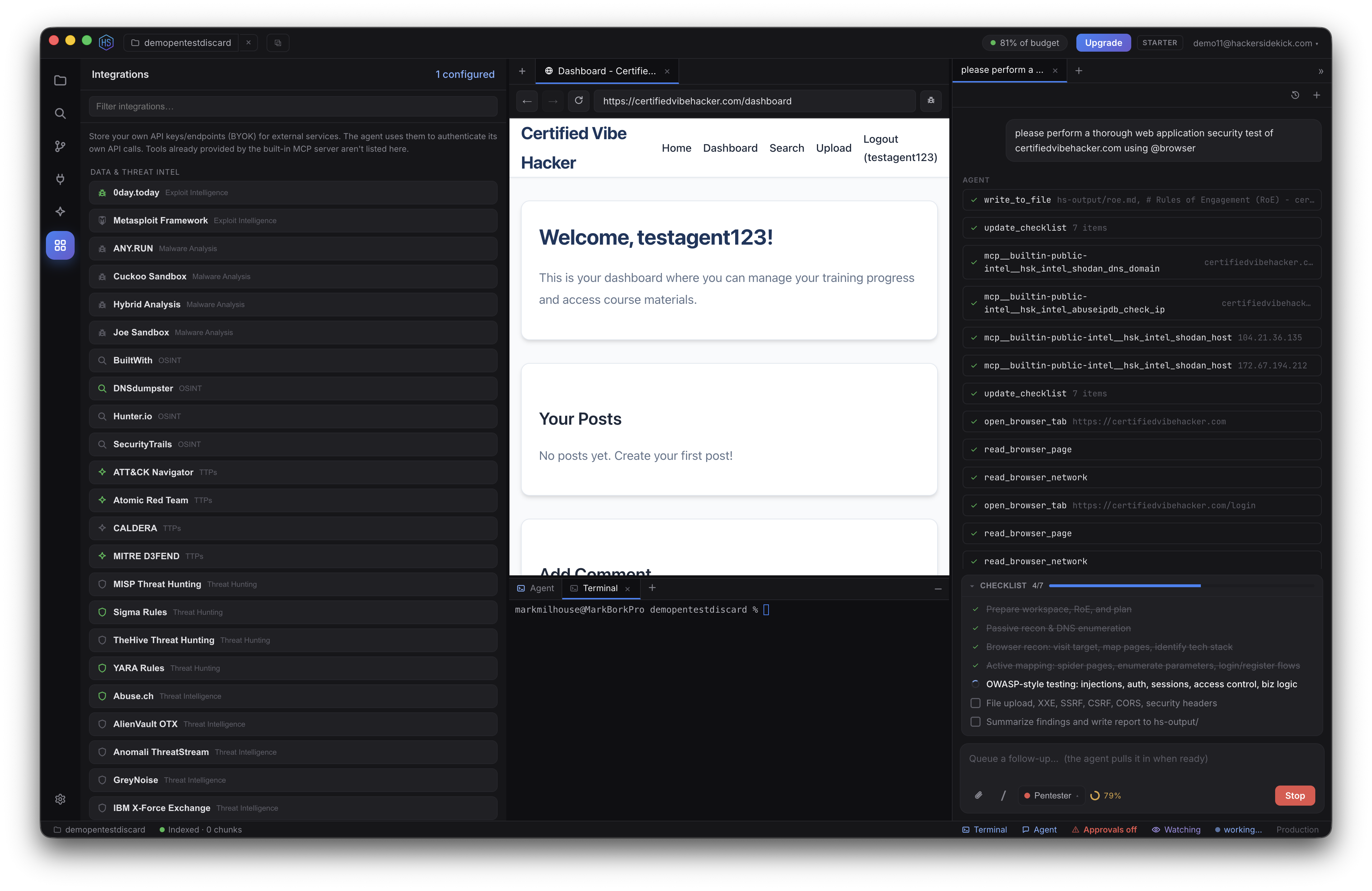 The Integrations catalog showing Data & Threat Intel services grouped by category: exploit intelligence, malware analysis, OSINT, TTPs, threat hunting, and threat intelligence
