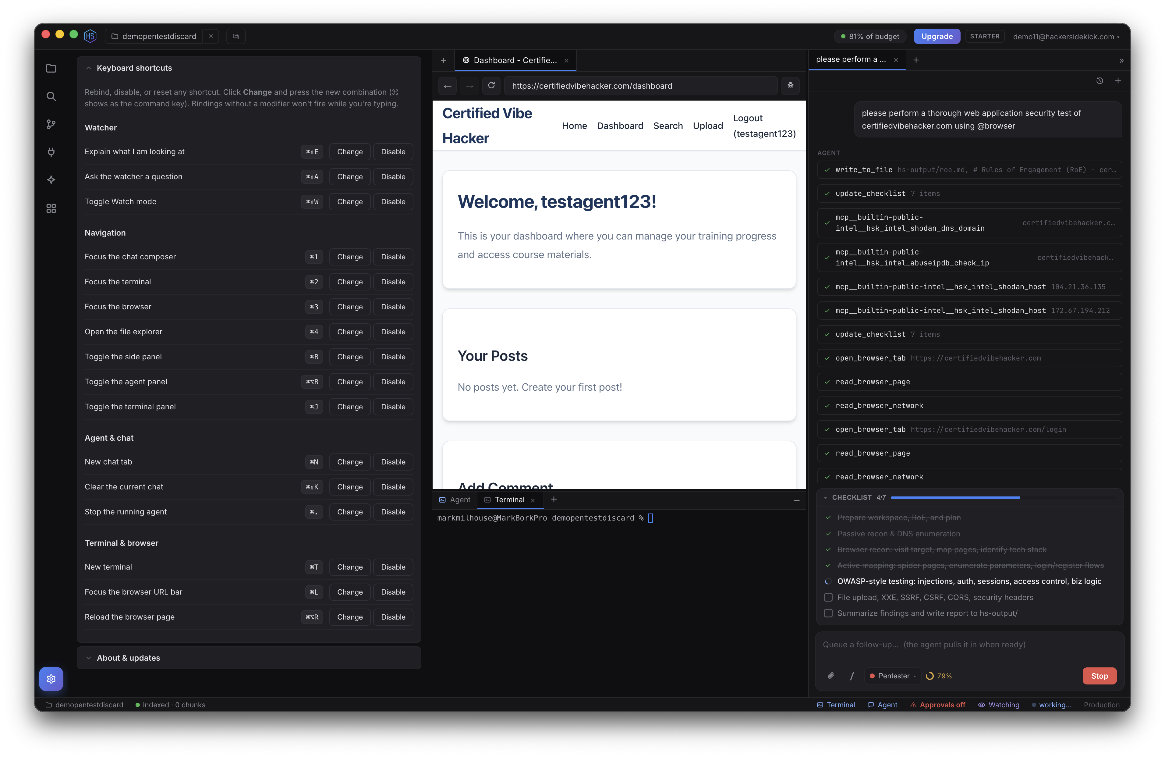 The Keyboard shortcuts settings screen listing rebindable shortcuts for the watcher, navigation, agent and chat, and terminal and browser