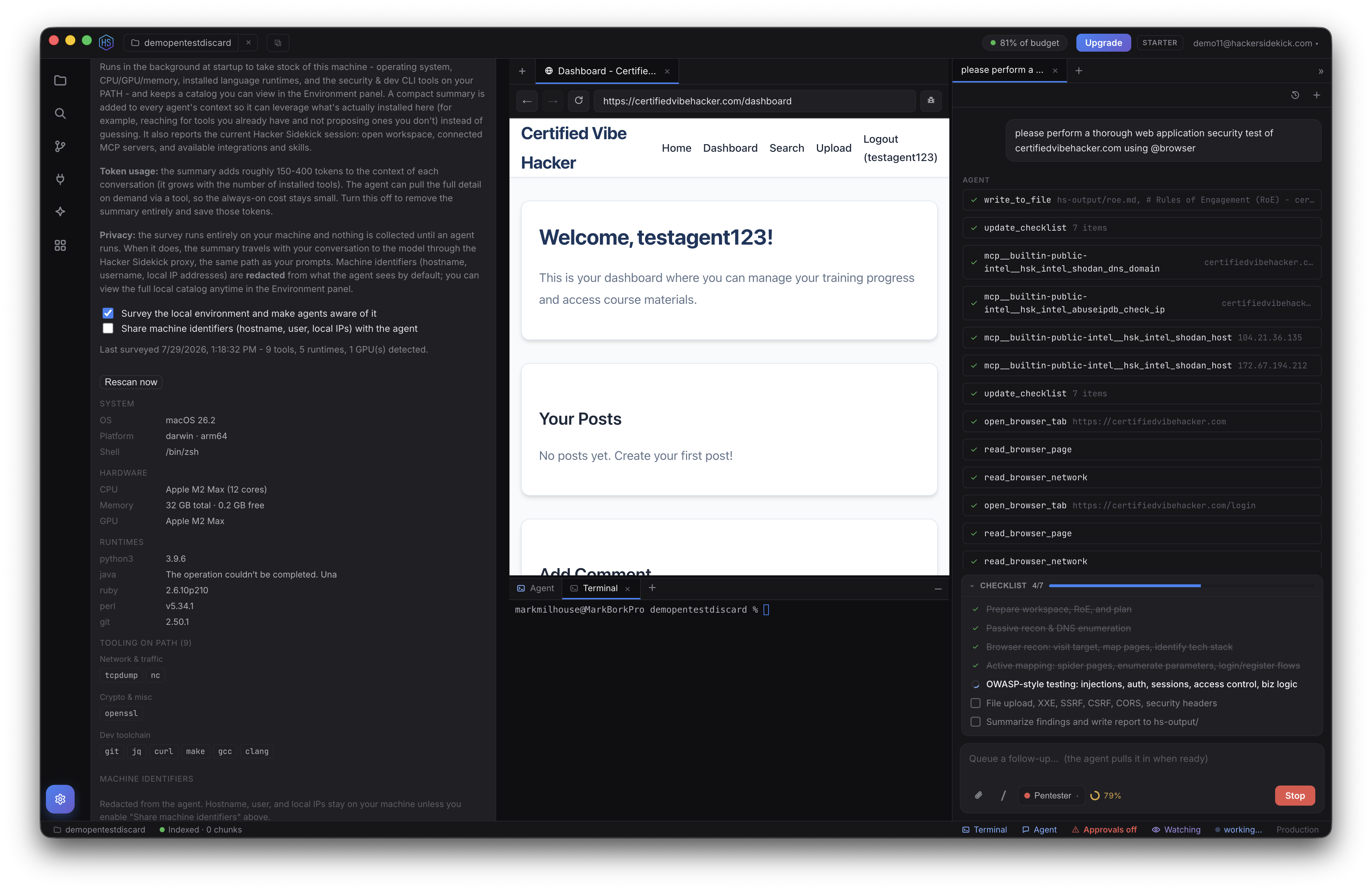 The Environment survey panel showing detected OS, hardware, language runtimes, and security tooling on PATH, with a note that machine identifiers are redacted from the agent