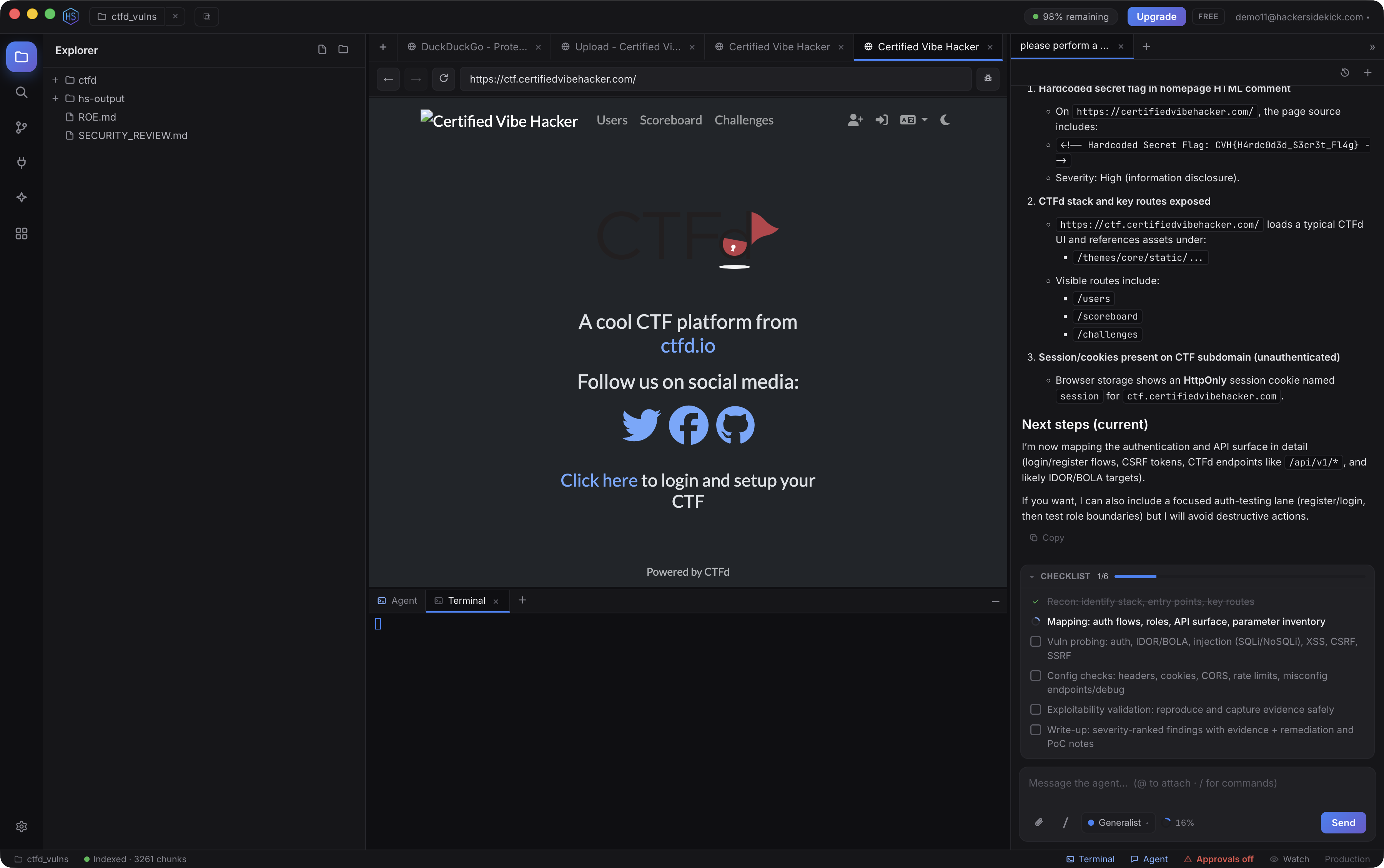 The full Hacker Sidekick workspace: Explorer with an hs-output folder, the built-in browser on a CTFd target, and the agent reporting recon findings with a live checklist