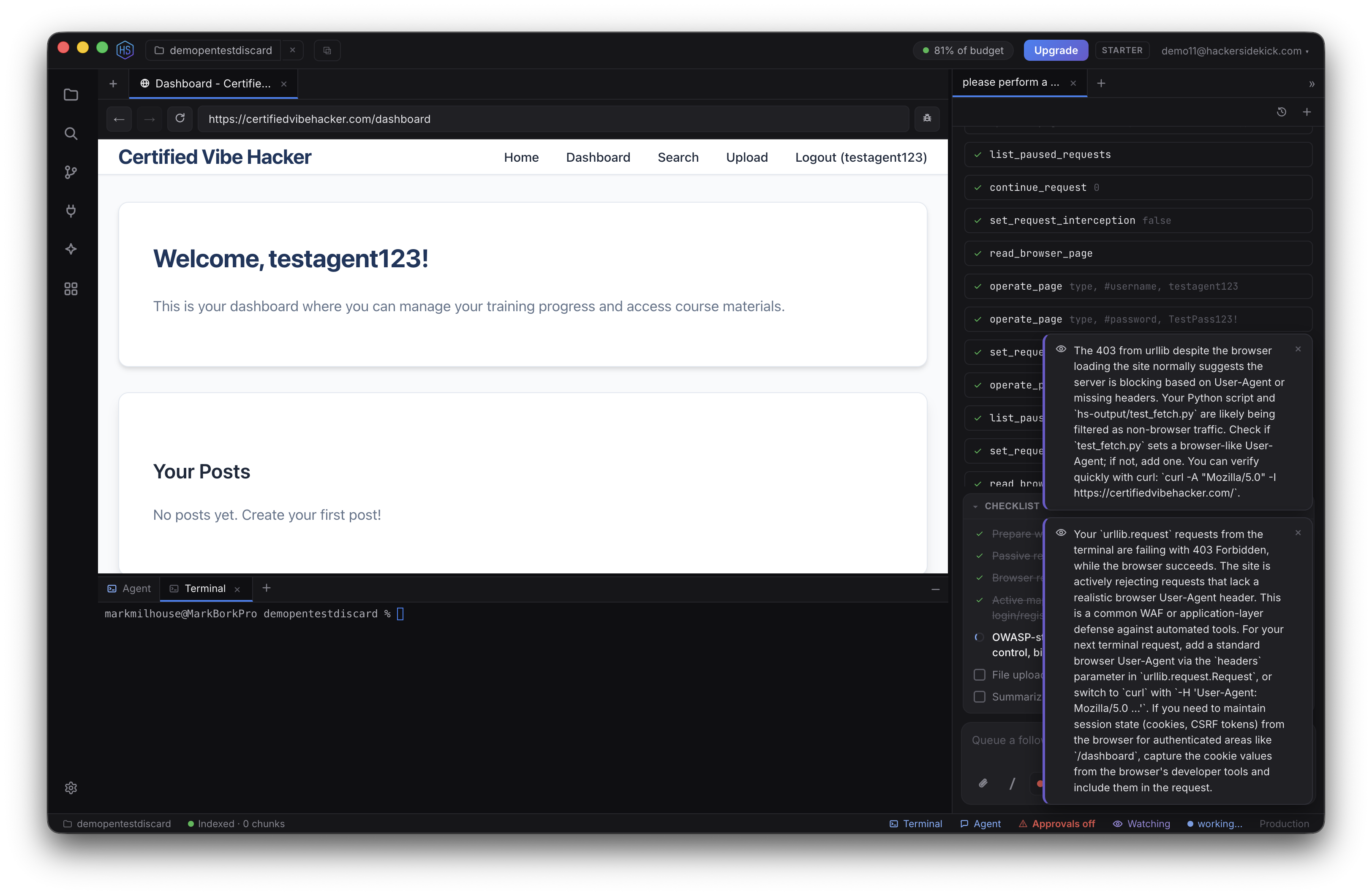 Watcher advisory cards surfacing next to the agent, flagging that a target is returning 403 to non-browser requests-likely WAF or User-Agent filtering