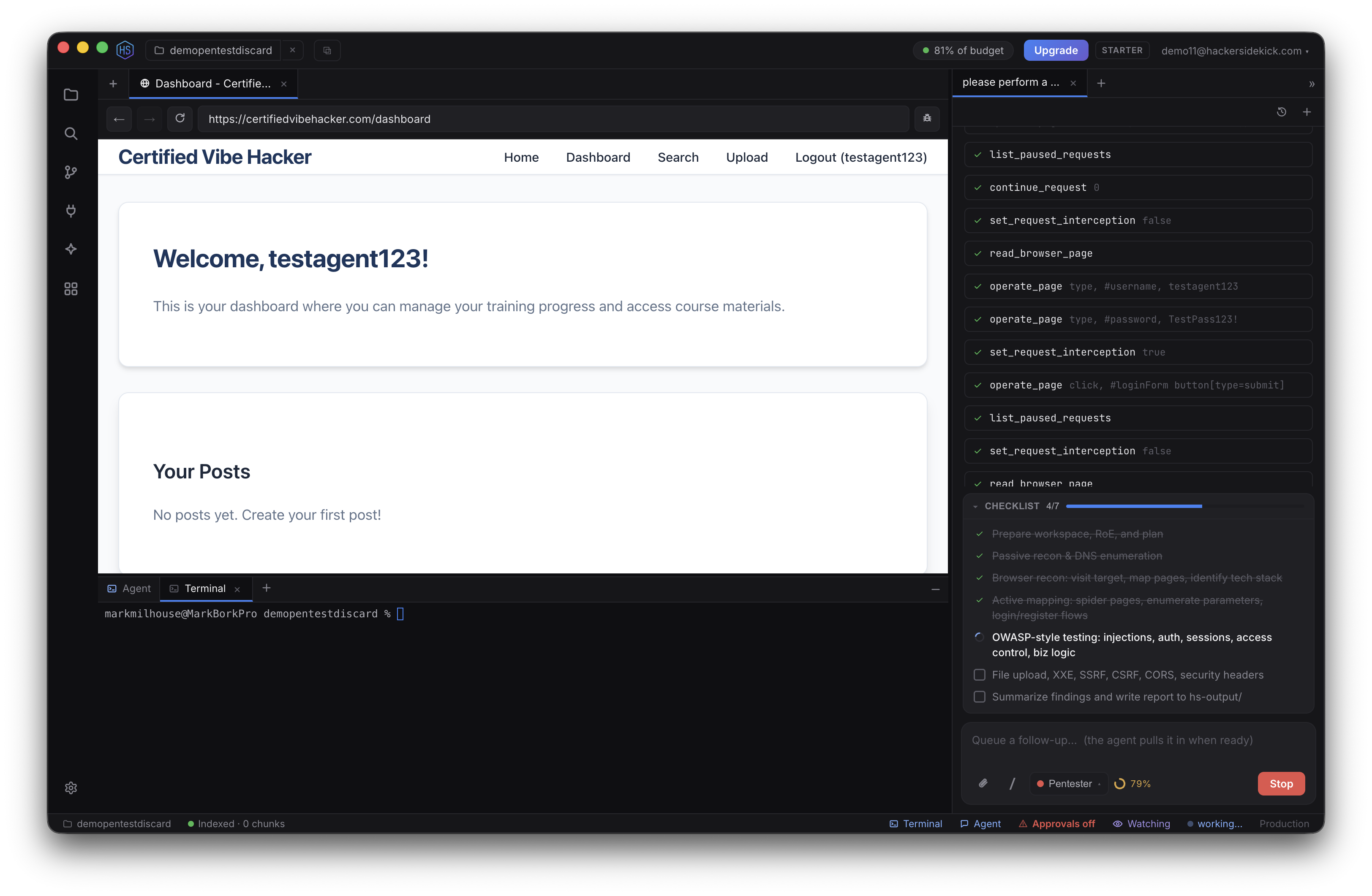 The agent operating the built-in browser: typing into a login form, clicking submit, and toggling request interception, shown as a sequence of operate_page tool calls