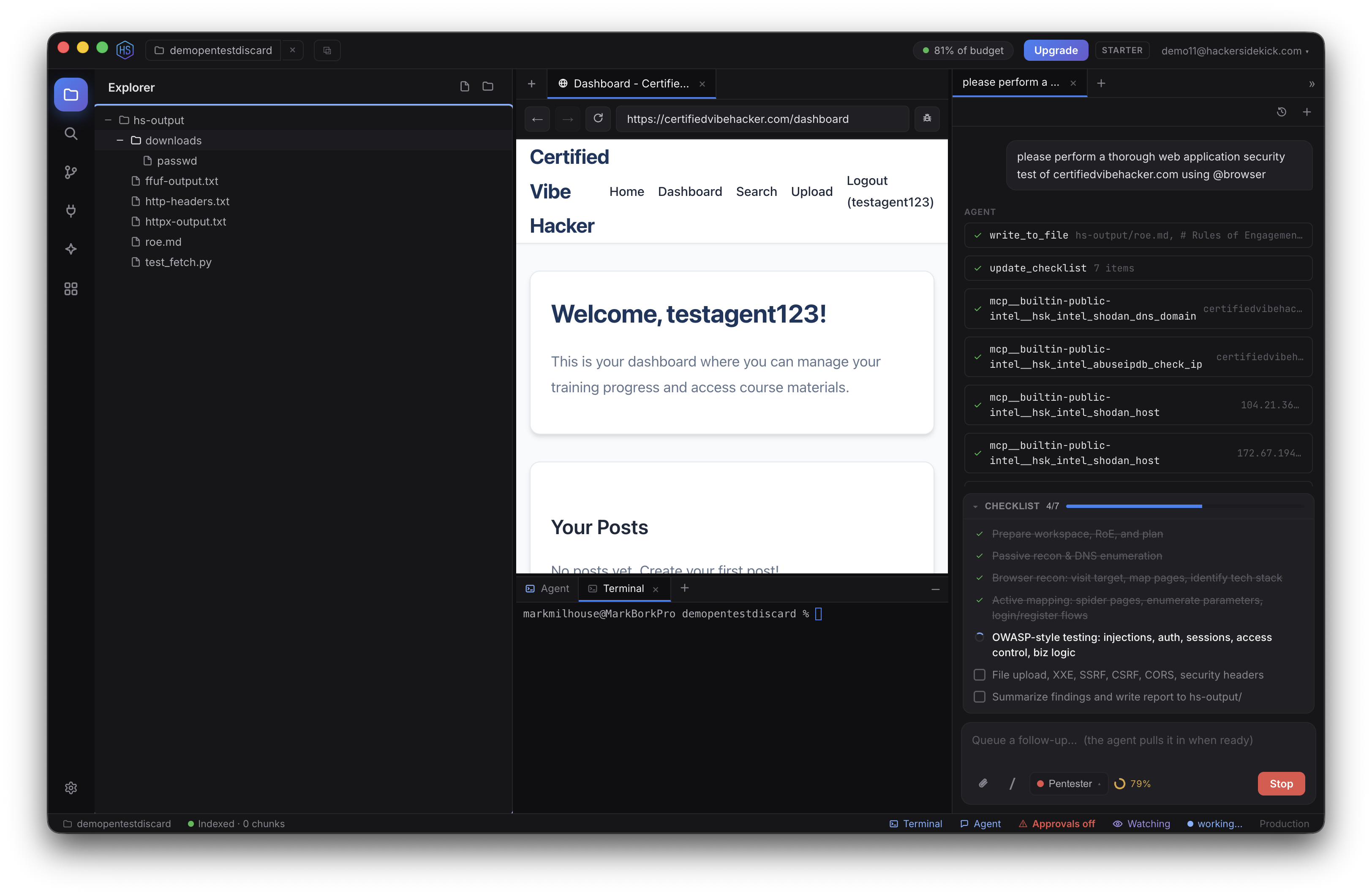 The Explorer showing the agent's hs-output folder with downloads, ffuf output, HTTP headers, an RoE file, and a fetch script