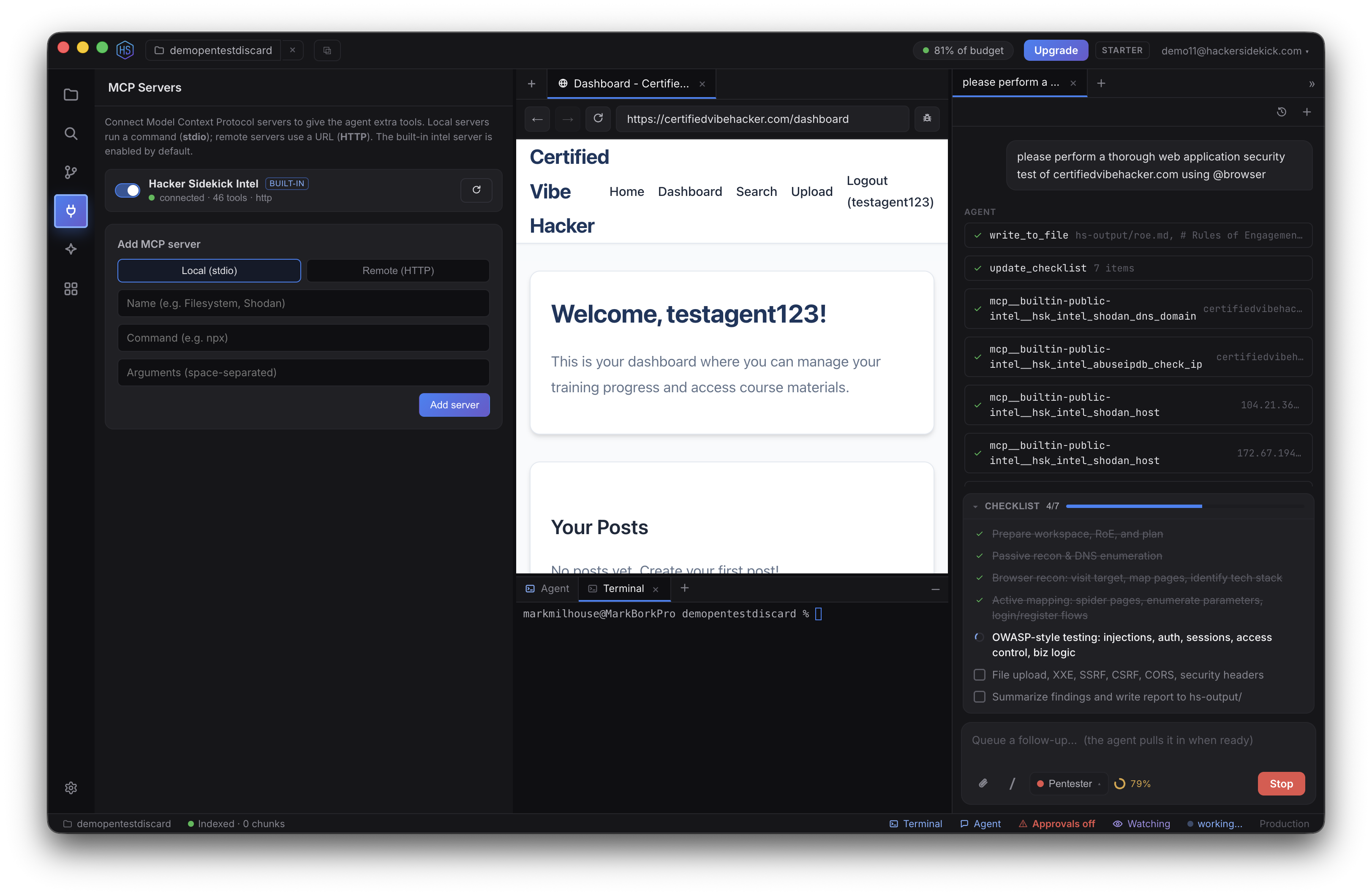 The MCP Servers view: the built-in Hacker Sidekick Intel server connected with 46 tools over HTTP, and a form to add a local (stdio) or remote (HTTP) server