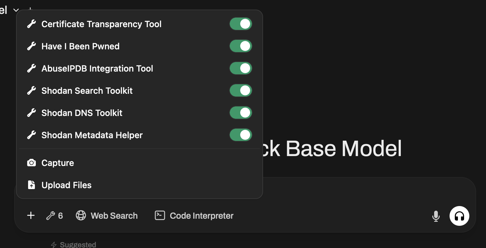 Hacker Sidekick dashboard showing tool selection in the plus menu